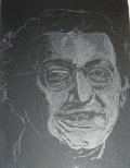 Coluche réalisé en gravure sur verre